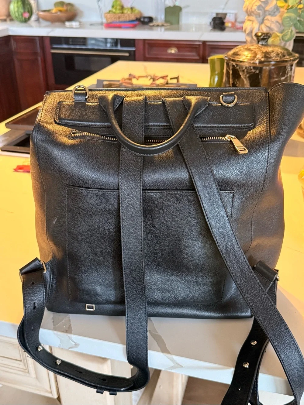Mina Baie Harper Leather Backpack in Black with Gold Zip
